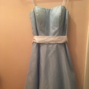 Light blue dress with small white polka dots